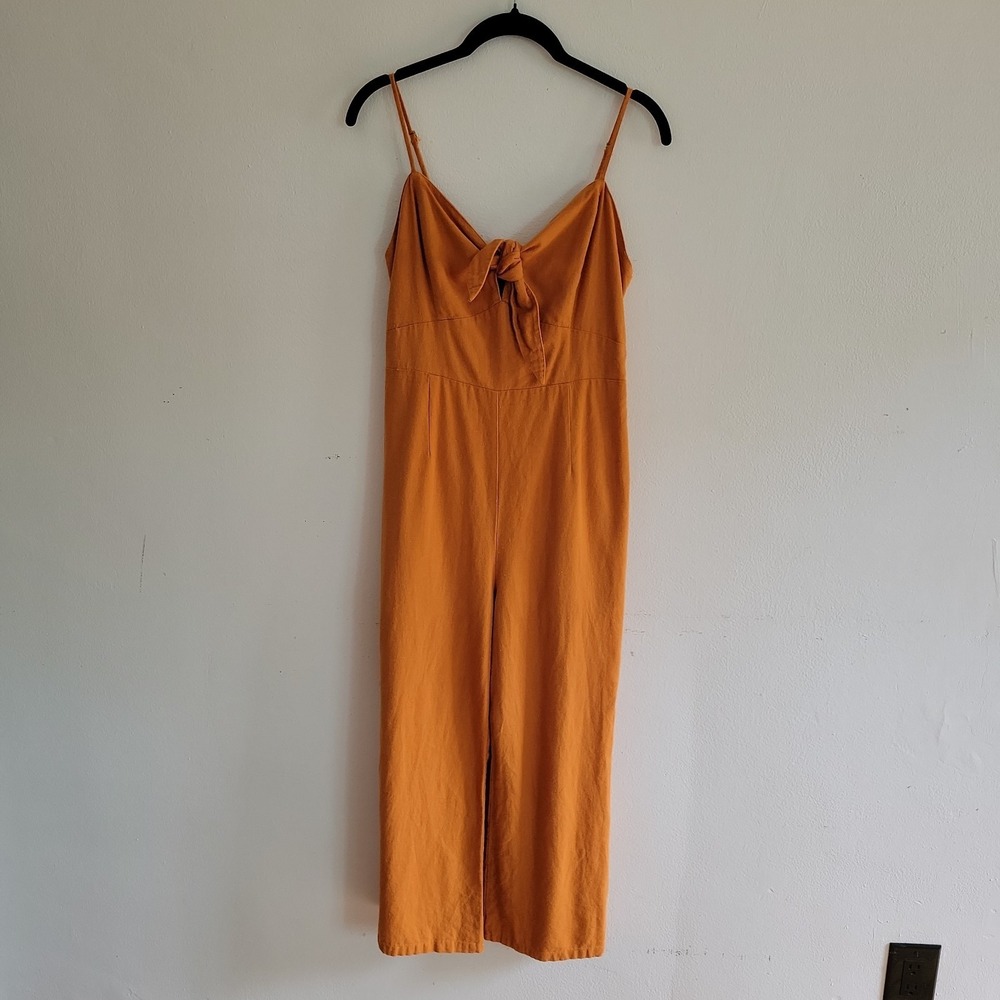 Farrow Linen‎ Blend Tie Front Jumpsuit Large Mustard Cropped Wide Leg Tie Front